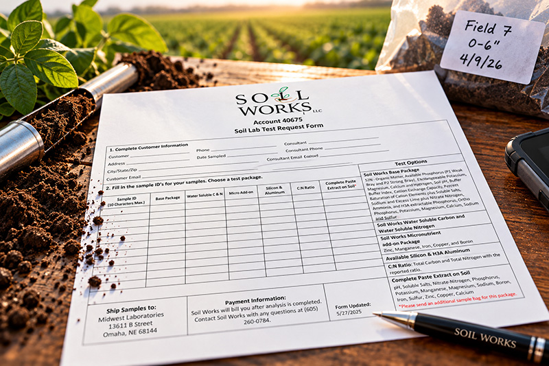 Soil Works soil testing form displayed in a field setting